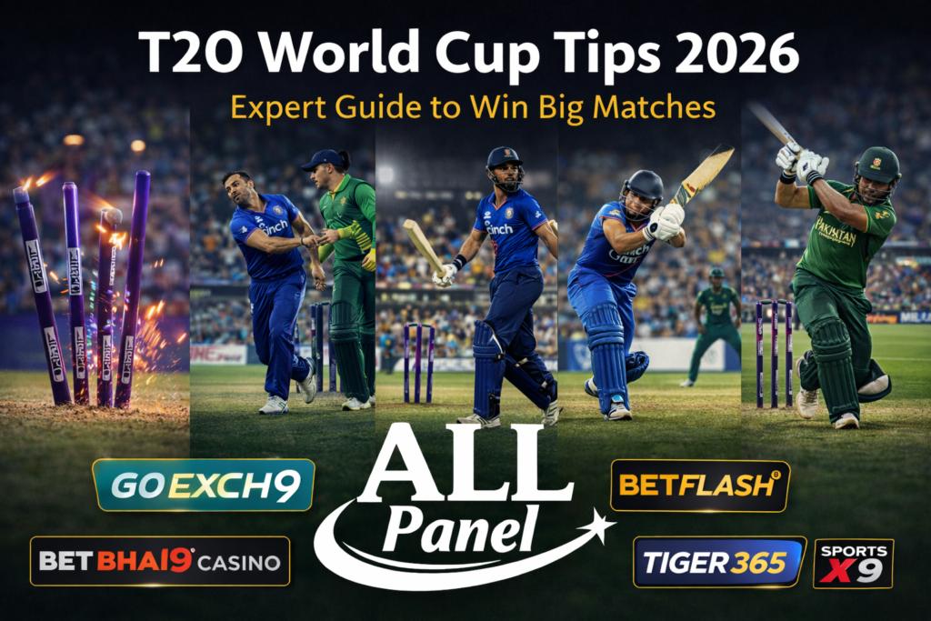 T20 World Cup Tips 2026 expert cricket strategy image with ALL Panel logo and match action visuals