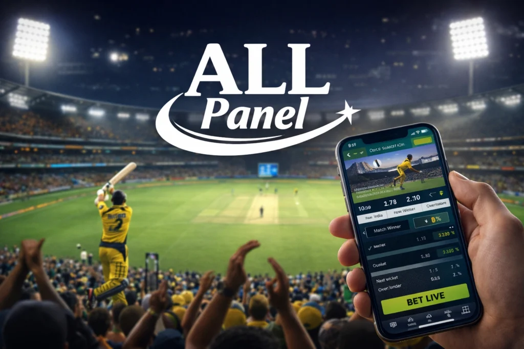 Online cricket betting guide with ALL Panel logo and cricket stadium background