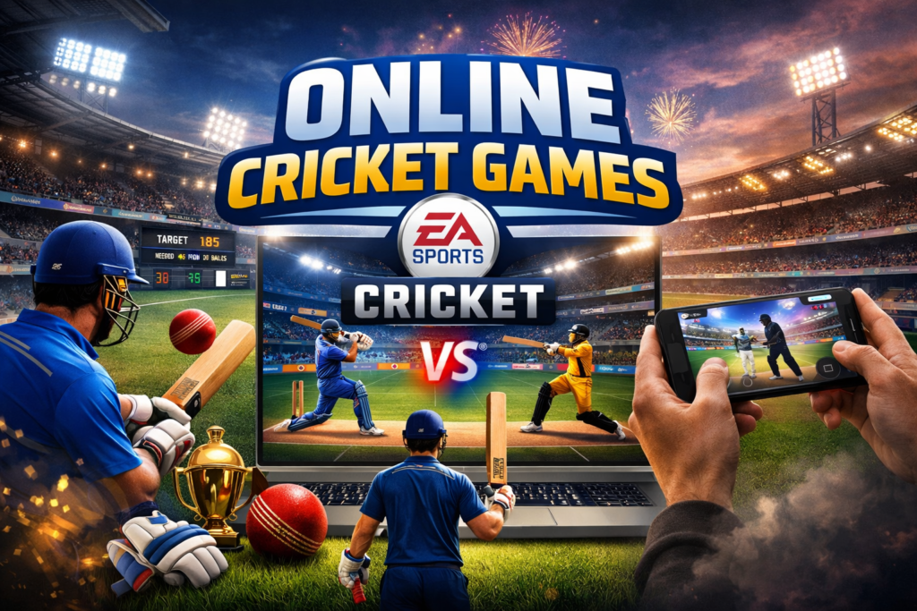 Player enjoying online cricket game on mobile with stadium background