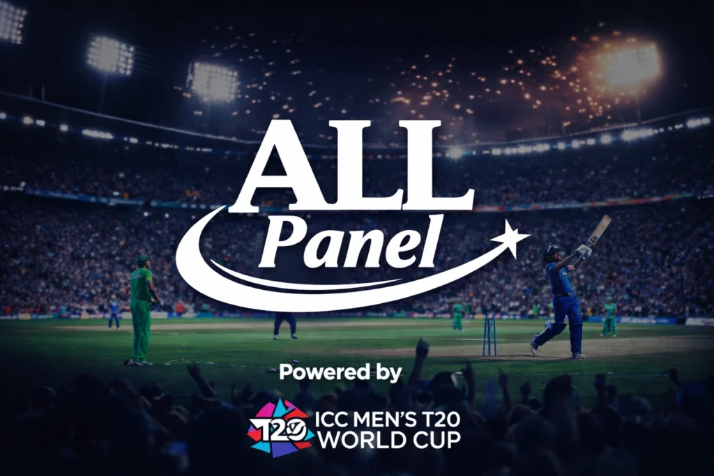 ALL Panel logo with T20 World Cup cricket stadium background