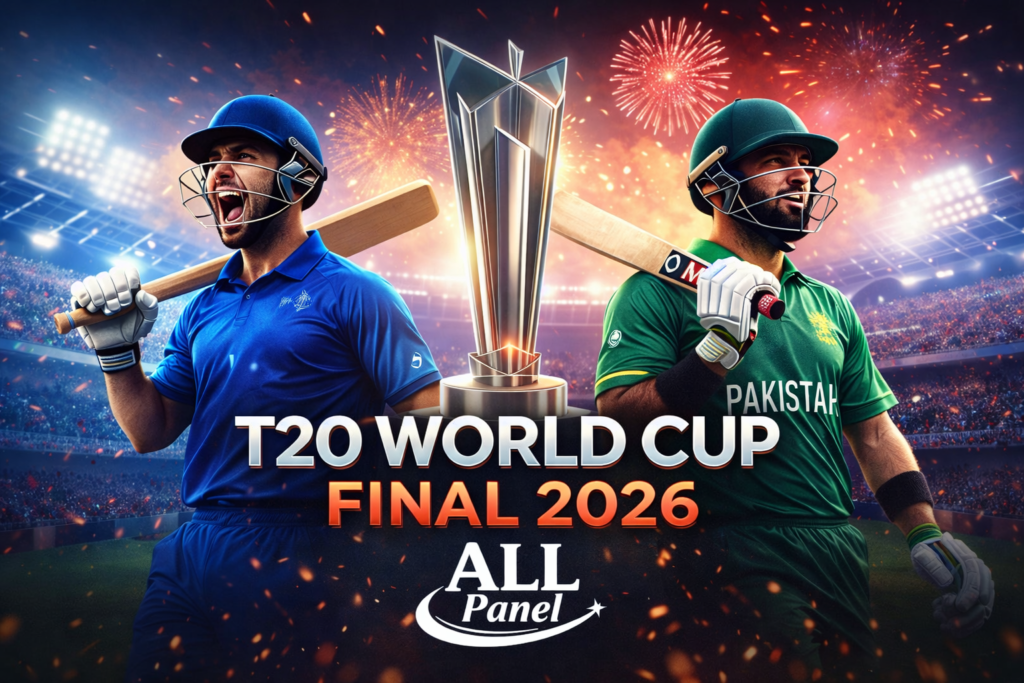 T20 World Cup Final 2026 cricket match preview with All Panel logo